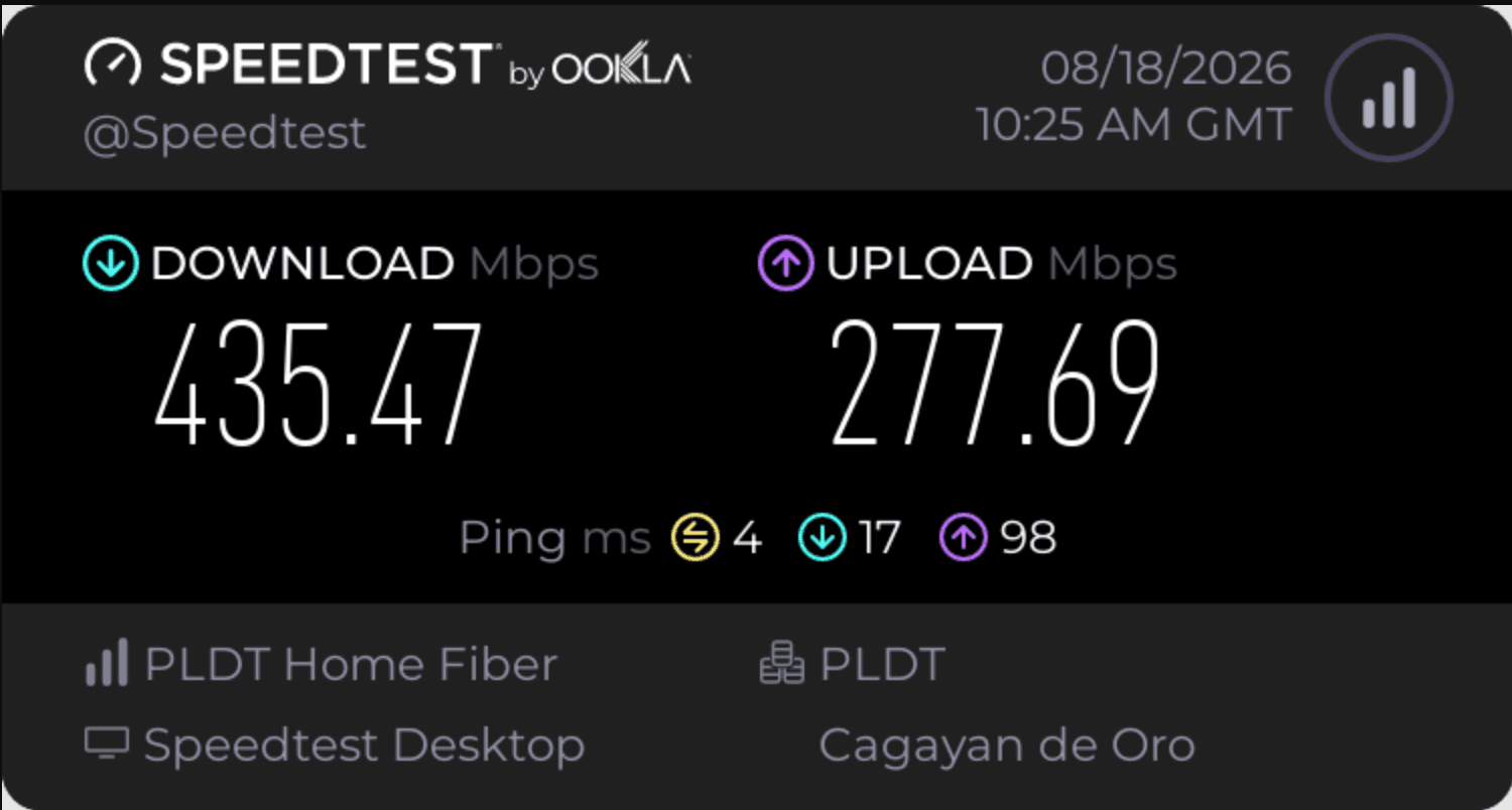 Ookla Speedtest result: 435.47 Mbps download, 277.69 Mbps upload, 4 ms idle ping on PLDT Home Fiber in Cagayan de Oro